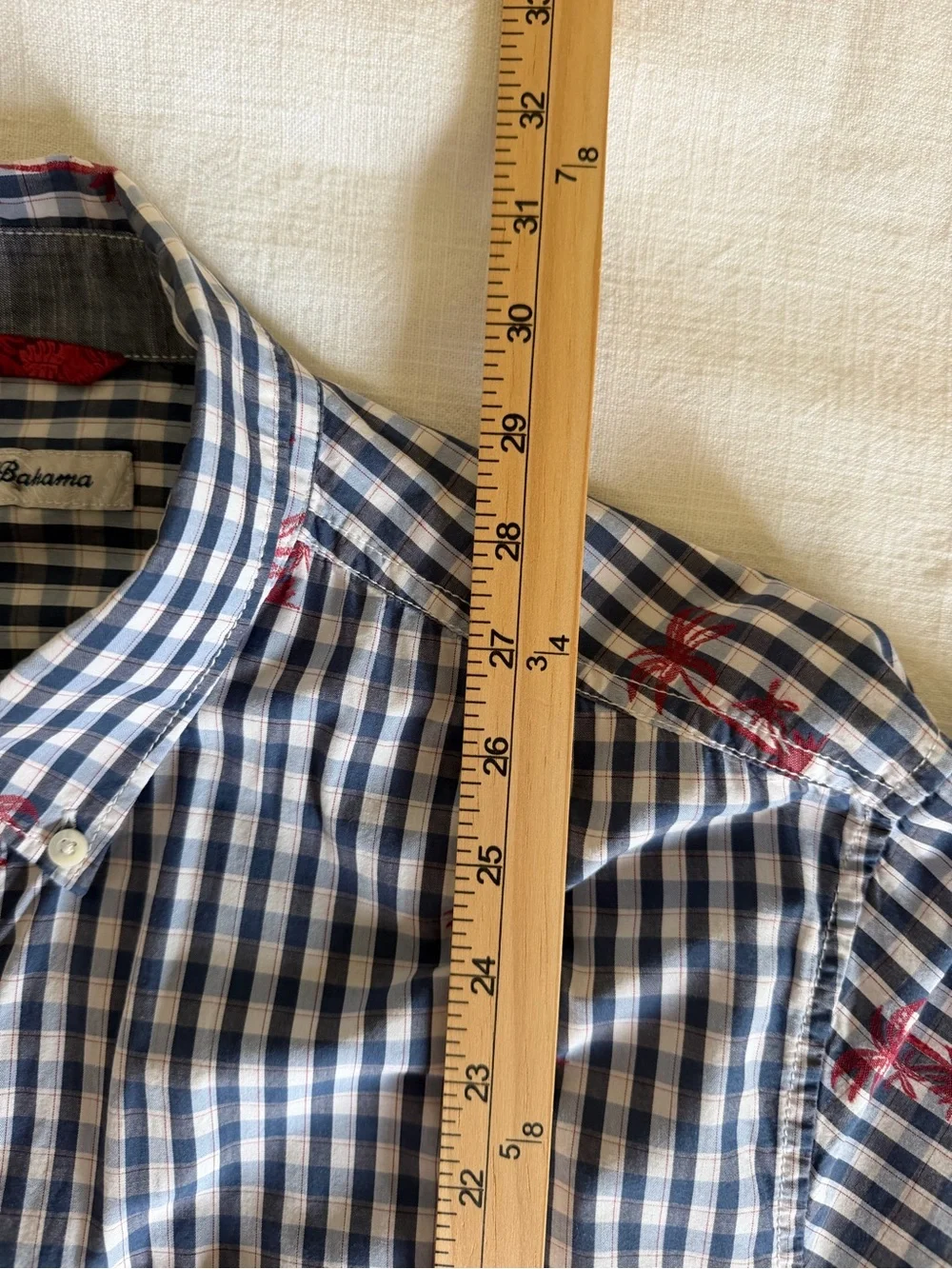 Tommy Bahama Men’s Blue and White Gingham Button-Down with Red Palm Print